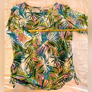 Women’s top 3/4 length sleeves, multicolored green, pink, blues, black, cream.